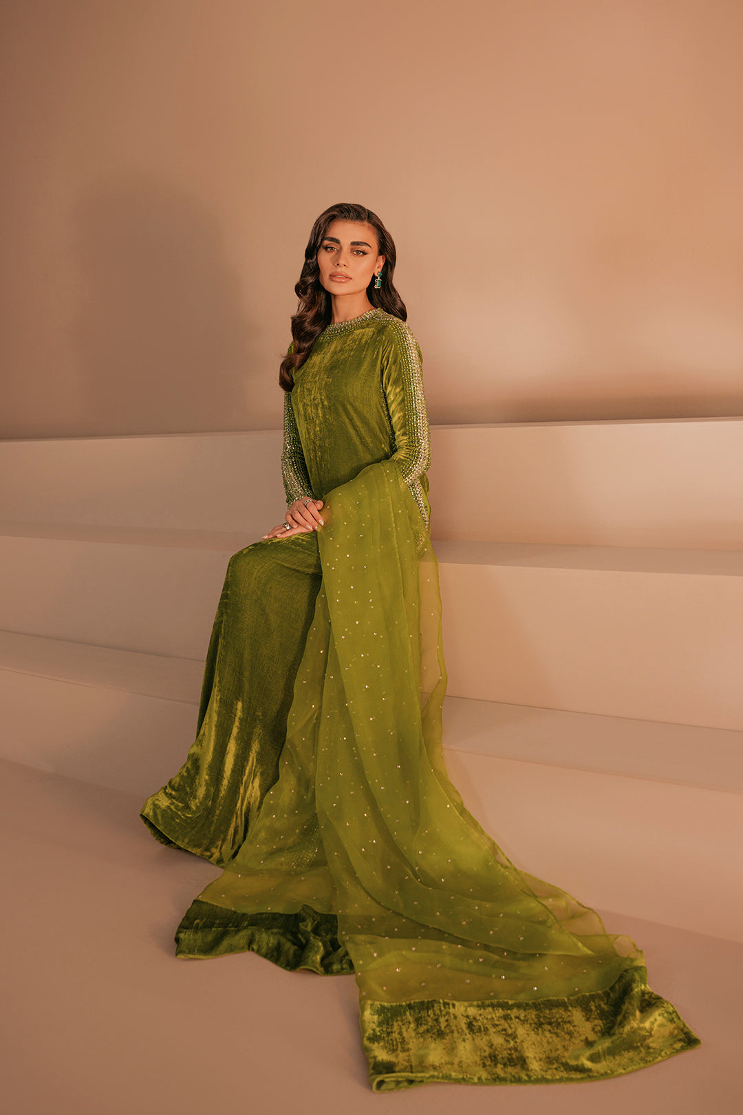 Charteuse Green Embellished Velvet Set